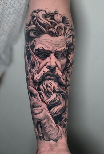 Black and gray realism forearm tattoo healed Greek statue style portrait by Efren Tattoos Del Rio Texas